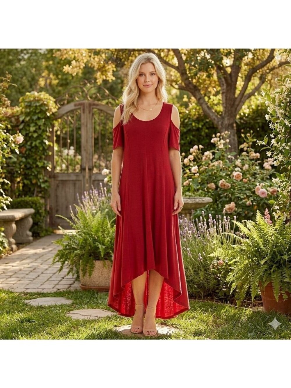 Botique Brand Crimson Red Cold Shoulder High Low Knit Maxi Dress Plus Size 3X